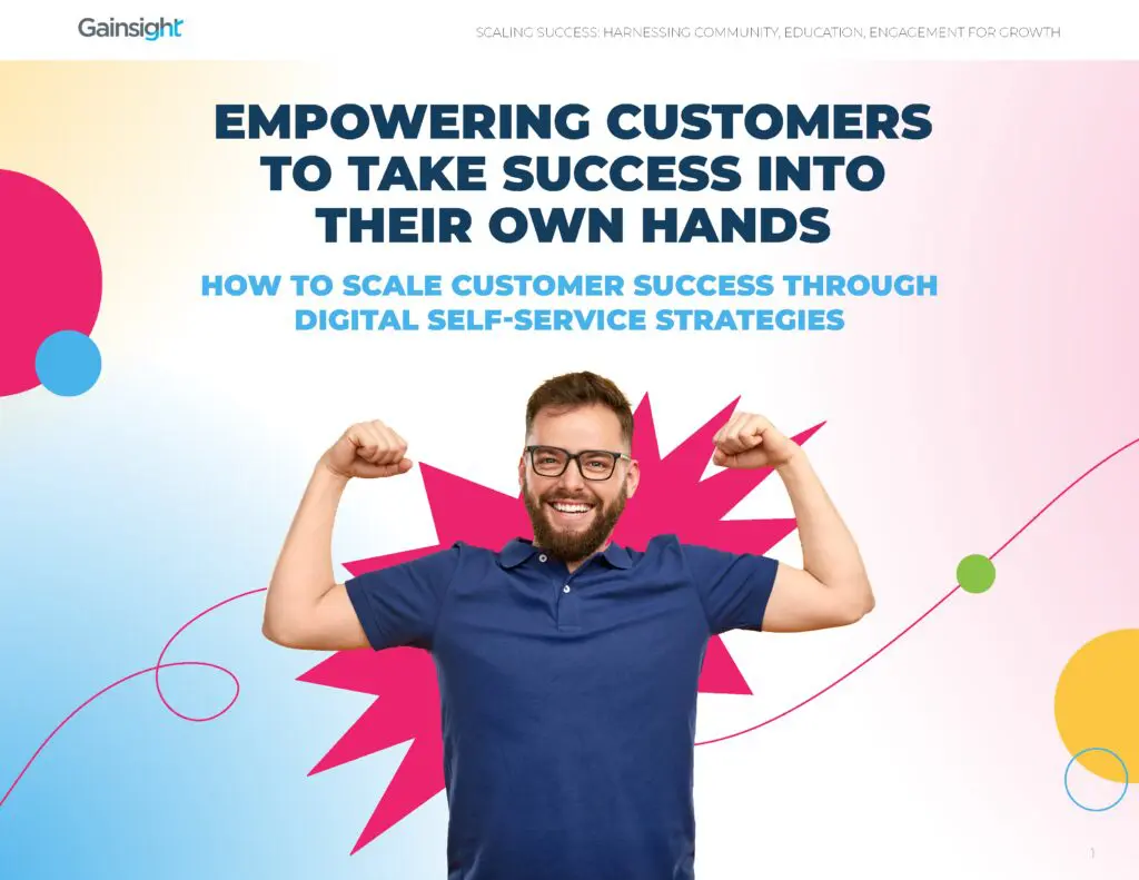 A bearded man in glasses smiles and flexes his arms against a colorful, abstract backdrop. The text reads: "Empowering customers to seize success" and "Scaling customer success through digital self-service strategies.