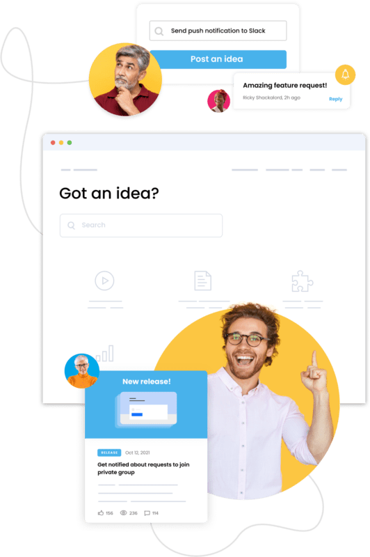A collage of a user interface with the text "Got an idea?", showcasing social media notifications and diverse people in circular frames. One person looks thoughtful, another excitedly points upward, embodying ideation. A notification states, "Amazing product feature request!".